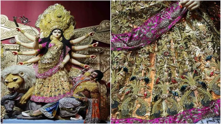 Durga idol in gold sari attracts thousands of devotees in Kolkata