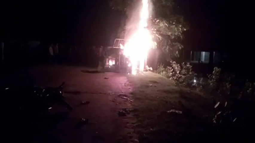 One killed in road accident; mob torches pick-up van