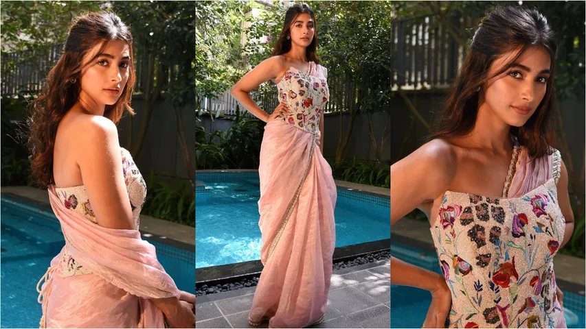 Pooja Hegde pink saree photos