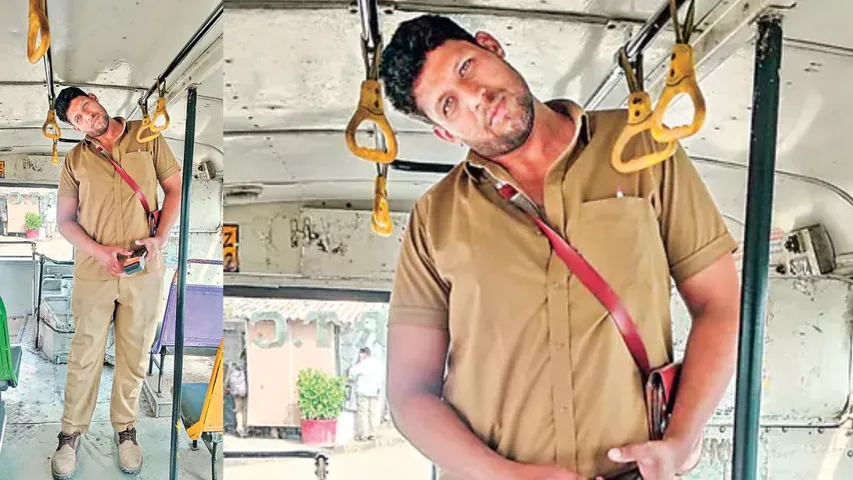7 feet man working as a bus conductor