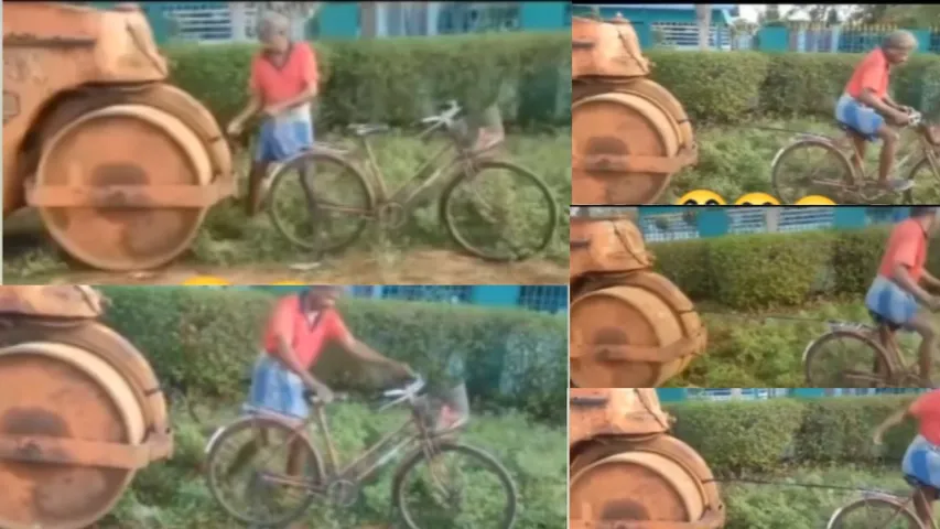 drunk man pulled road roller with his bicycle 