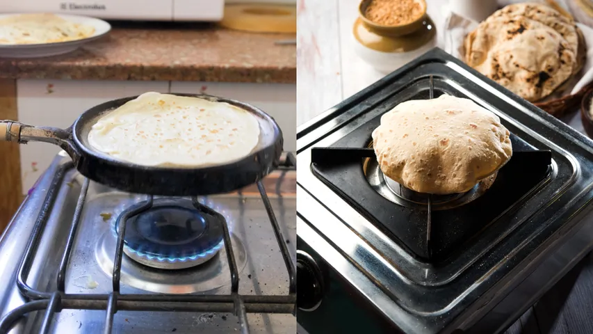 Roti baked on a gas flame