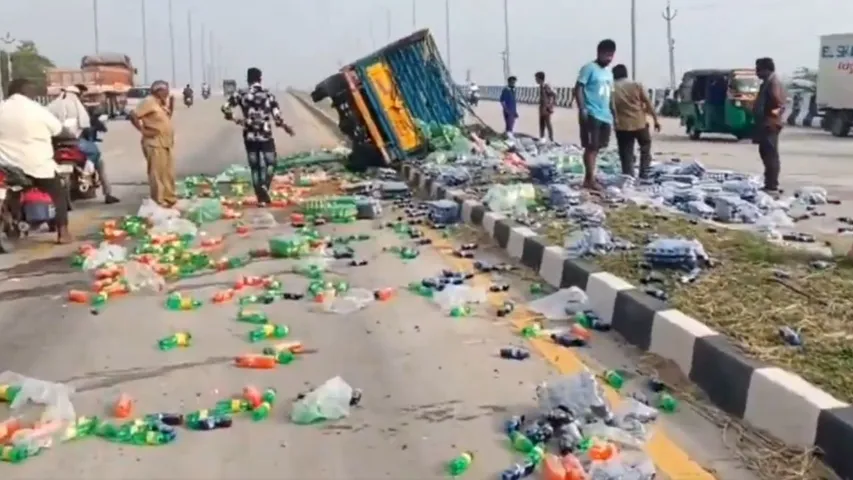 Cool drink van overturns on Vijayawada-Machilipatnam highway