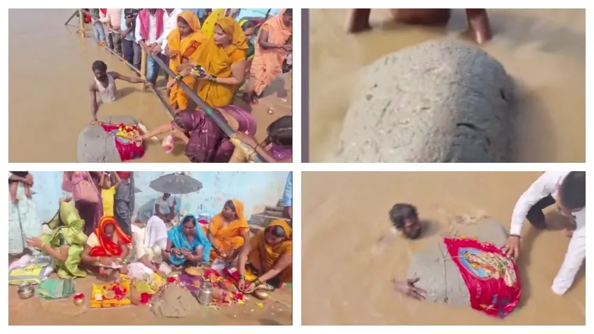 Ram Setu stone floating in the Ganges River in Ghazipur