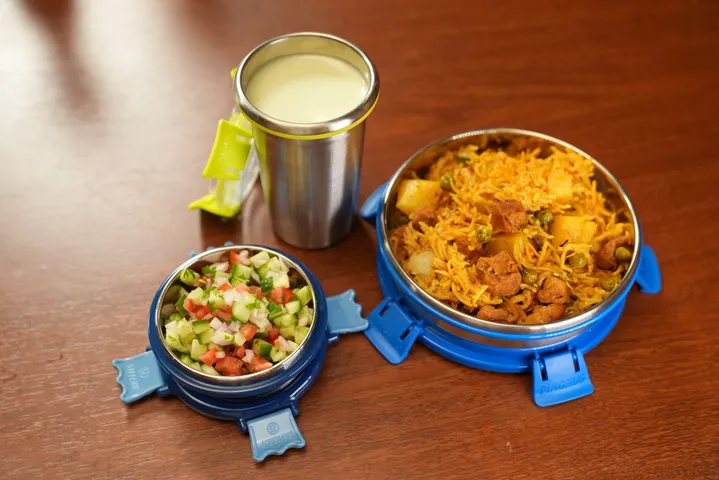 Soya Aloo Matar Pulao  Masala Chaas  Kachumber