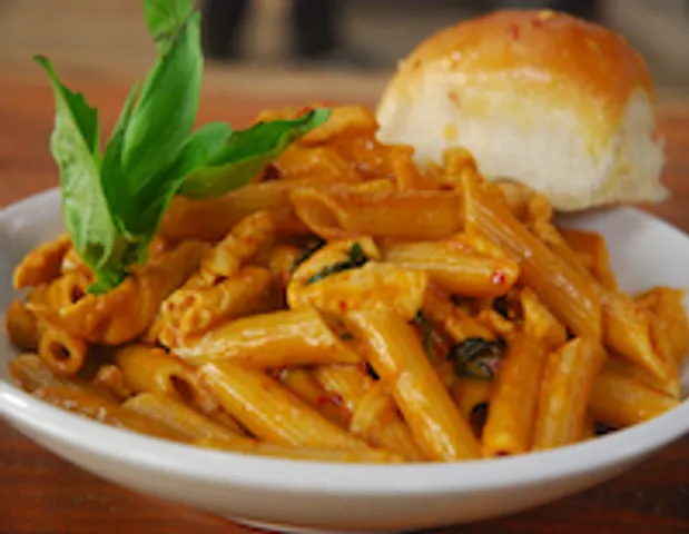 Chicken Red Curry Pasta with Lemon Chilli Bread   