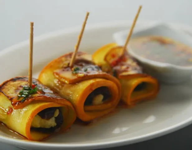 Zucchini Wrapped Dates With Chilli Honey Dip