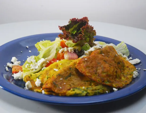 Cucumber and Spinach Pancakes with Greek Salad