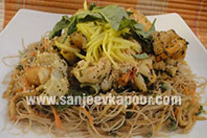 Basil Prawns with Rice Noodles and Raw Mangoes