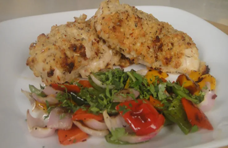 Cheesy Chicken with Grilled Peppers and Onions