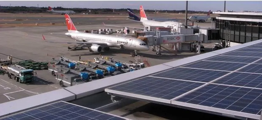 Solar panels at the Narita Airport in Japan. Representative image. Airports that harness solar energy face a challenge as glare from solar panels can cause flash blindness and obstruct view for the pilots. Photo by Takashi M/Flickr.
