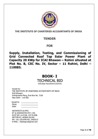 ICAI Invites Bids For 20 KWp Grid-Connected RT Solar Plant, Rohini