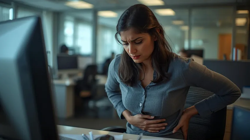 create image of indian woman having period cramps at work