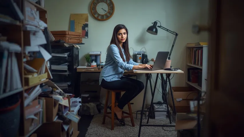 indian corporate woman sitting at a make-do workspace, messy work from home space. on stool