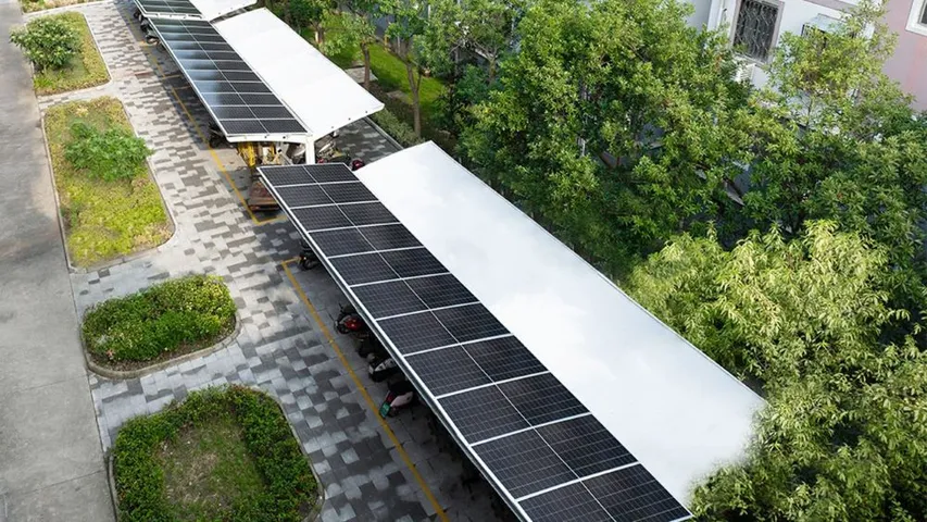 The Vela Series carport supports EV and home power needs while offering optional CCTV and motion-sensor lighting integration. 