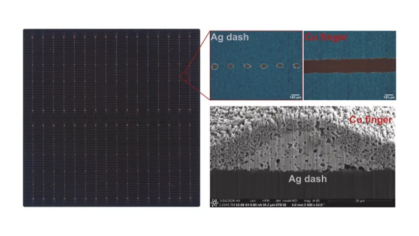 The two-step printing process applies silver dashes first, followed by silver-lean floating fingers and busbars. 