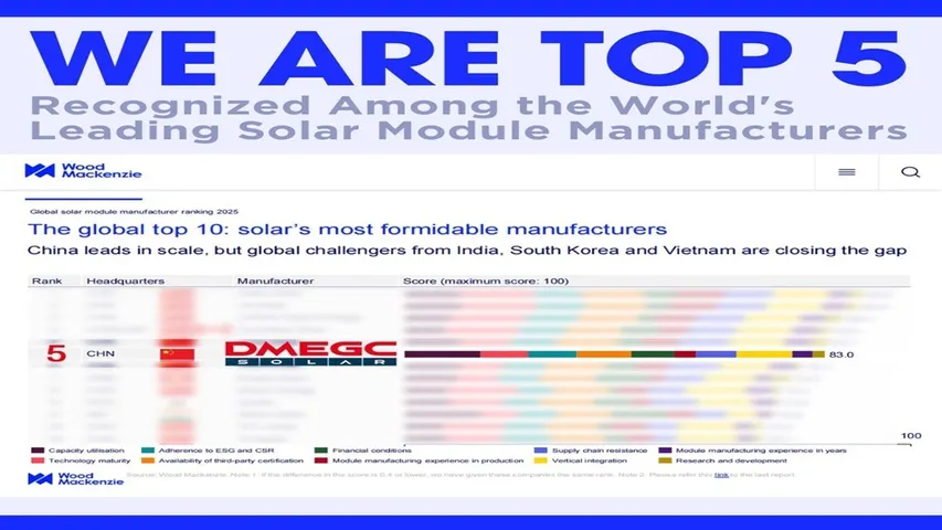 DMEGC Solar has achieved a total score of 83 out of 100 across ten evaluation metrics in Wood Mackenzie’s 2025 rankings. 