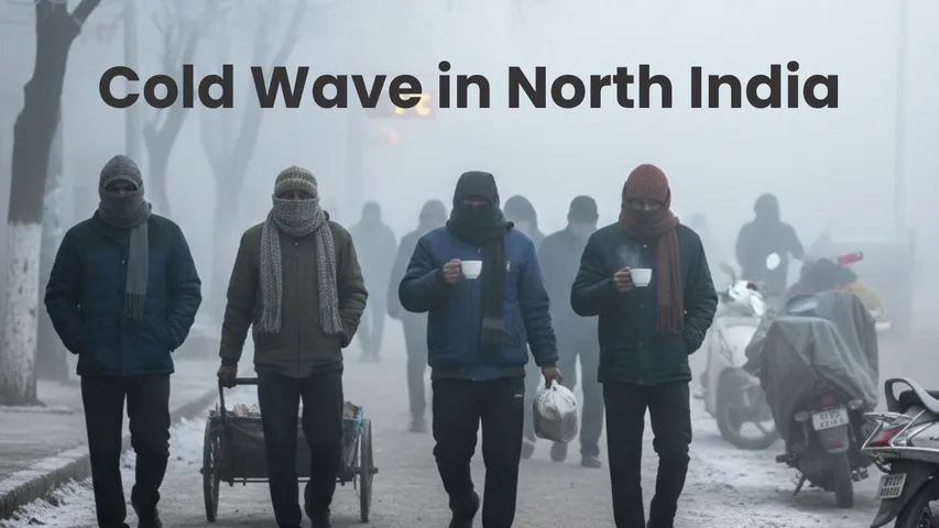 People walk through dense fog and extreme cold during a severe cold wave in North India as temperatures drop below freezing in Delhi and NCR.