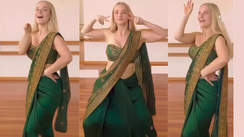 Russian Girl Viral Dance Video on Bollywood Song in Green Saree Viral on Social Media