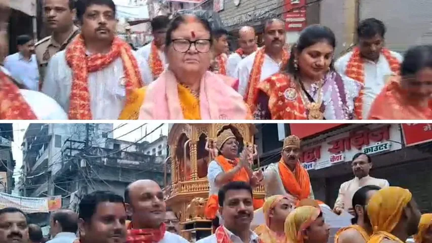 शहर में 150 साल पुराने रथ पर निकाली गई भगवान महावीर की शोभायात्रा (ऊपर), शोभायात्रा में शामिल महापौर प्रमिला पांडे व अन्य (नीचे)।