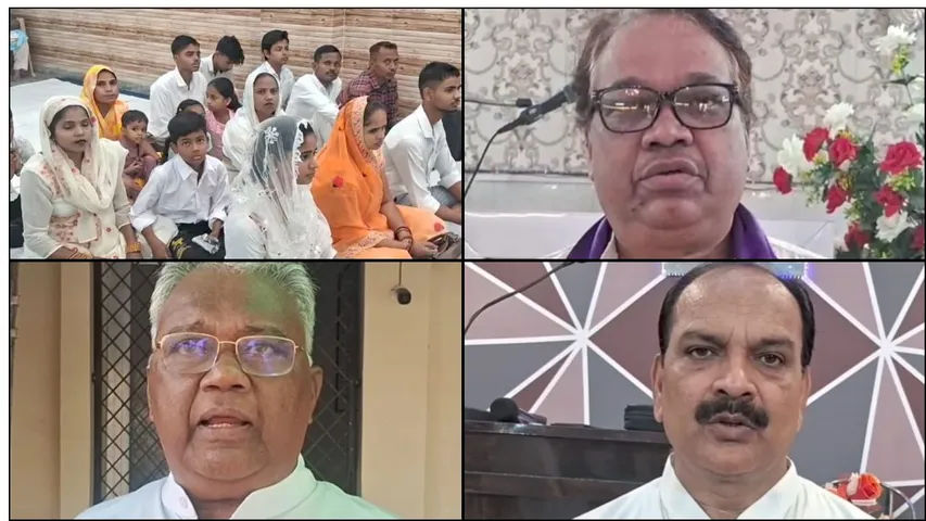 एक चर्च की प्रार्थना सभा में शामिल लोग और पादरी जितेंद्र सिंह, सैमुअल सिंह व एंटनी जेवियर। 