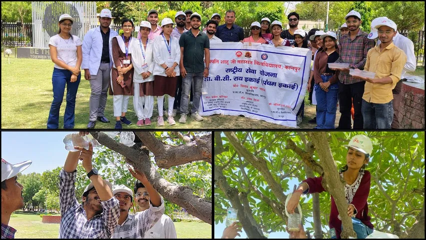 पक्षियों की सुरक्षा और उनके लिए दाना पानी की व्यवस्था करने वाले स्वयंसेवक। पक्षियों के लिए पेड़ों पर अन्न जल से भरे बर्तन टांगते स्वयंसेवक। 