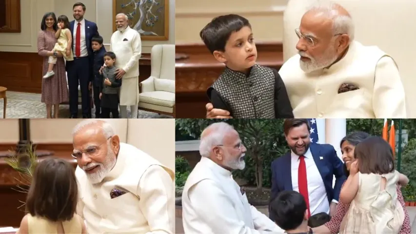 Pm Modi with JD Vance family during india visit photo clips