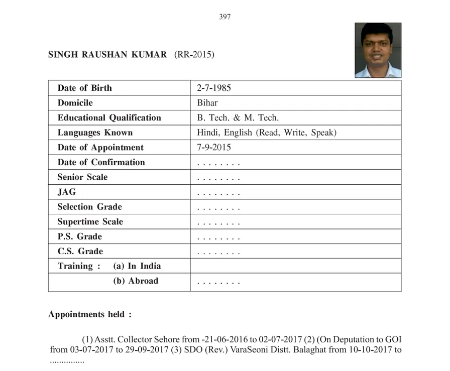 Service profile of Raushan Kumar Singh
