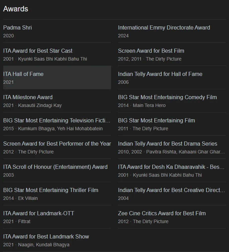 awards won by ekta kapoor