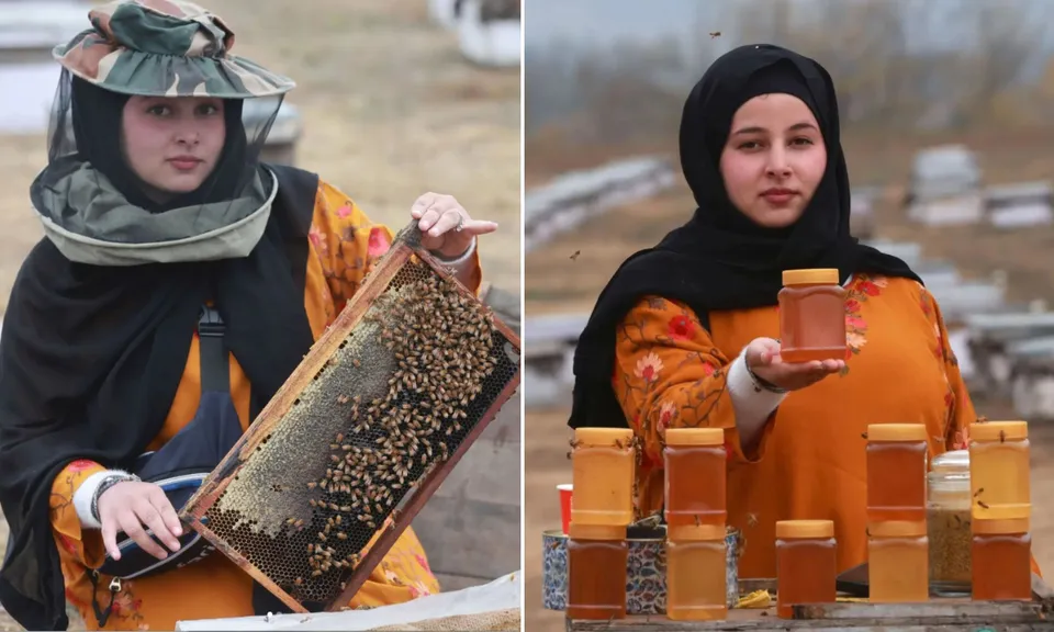 Saniya Zehra holding a honeycomb (left) and with organic honey (right)