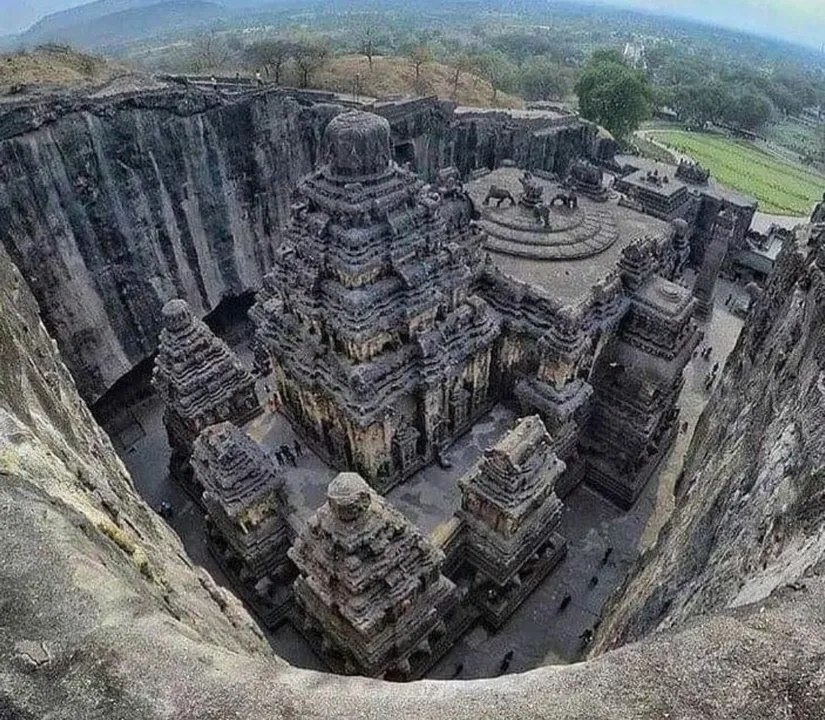 The 1200-year-old Kailasa temple at Ellora has been carved from a single rock