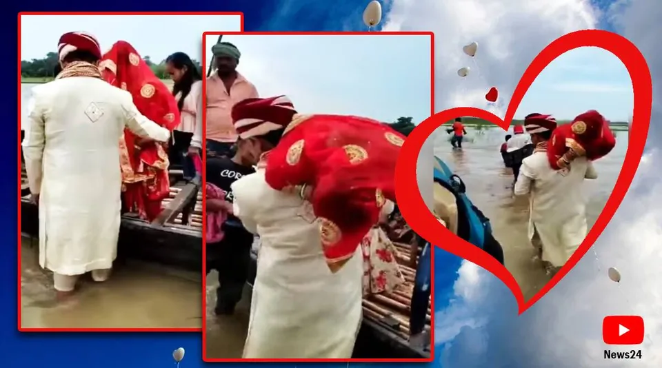 Groom carries bride on shoulder to cross flooded rivar