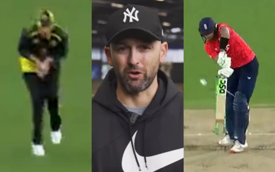 Nathan Lyon during third T20I between Australia and England