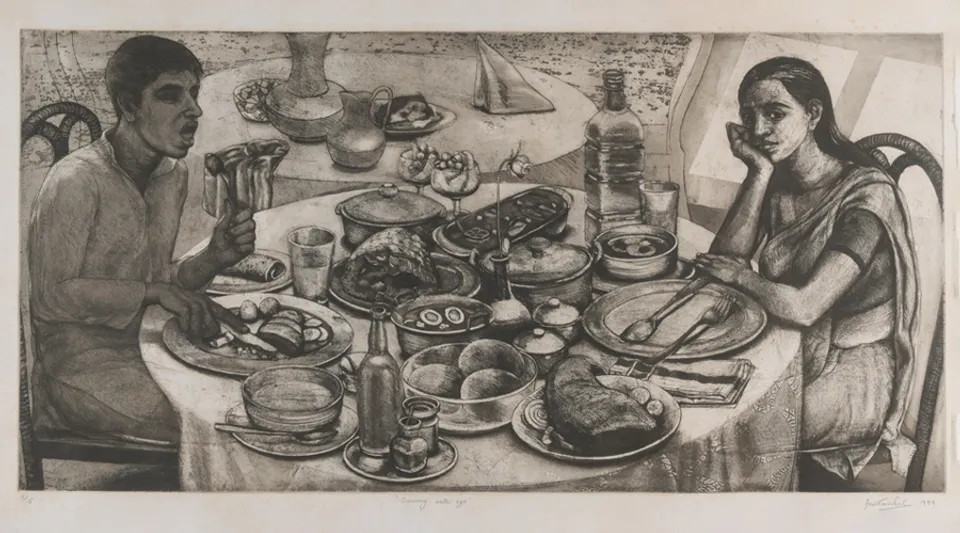 Anupam Sud, Dining with Ego, 1999 Etching and intaglio on archival paper 900X500 (1)