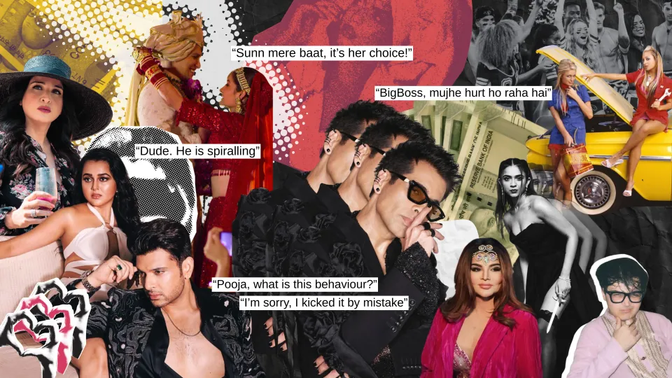 A collage of reality TV in India including Bigg Boss, Indian Matchmaking and The Traitors and