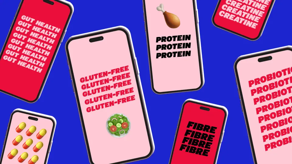 A collage of various phone screens popping buzzwords like protein, fibre and creatine