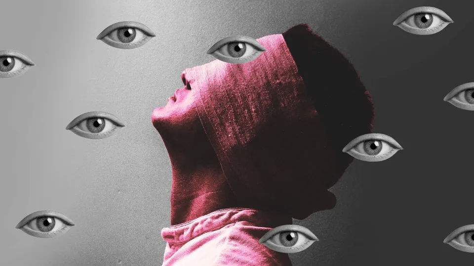 A picture of a man's head wrapped in tape with eyeballs on him reflecting the victim mindset
