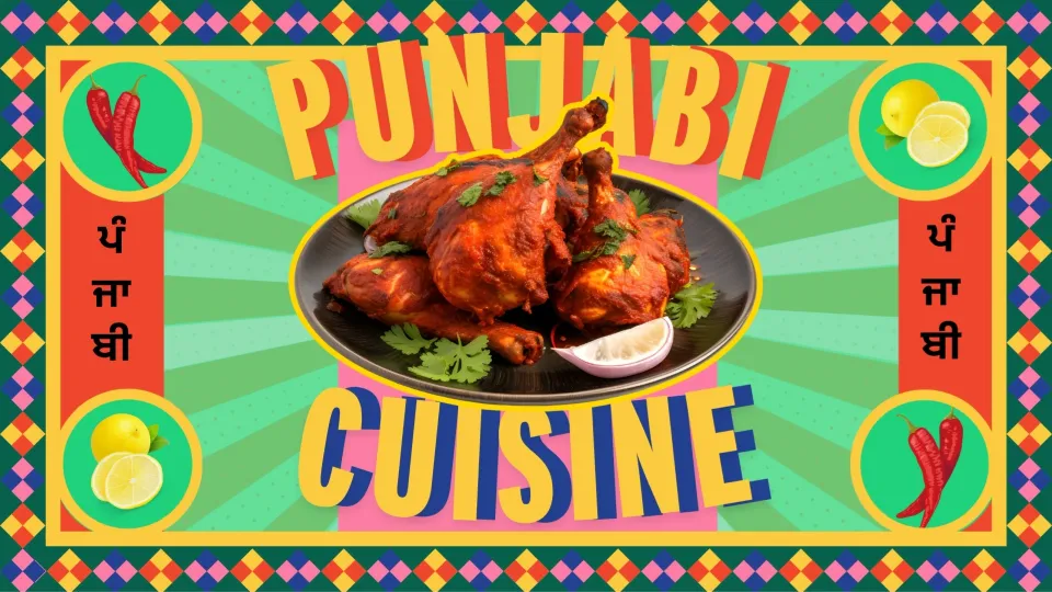 An image in the style of a dhaba sign, with a picture of tandoori chicken, lemon and chillies drawn on the edges to show the evolution of Punjabi cuisine, the confusion about  authentic Punjabi cuisine and the comeback of traditional food of Punjab