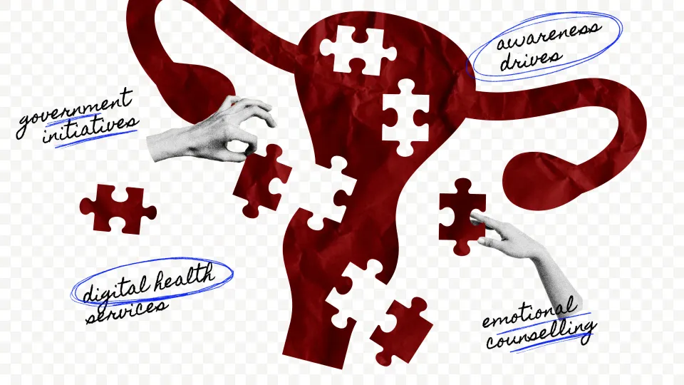A graphical illustration exhibiting the missing pieces of women's reproductive health puzzle