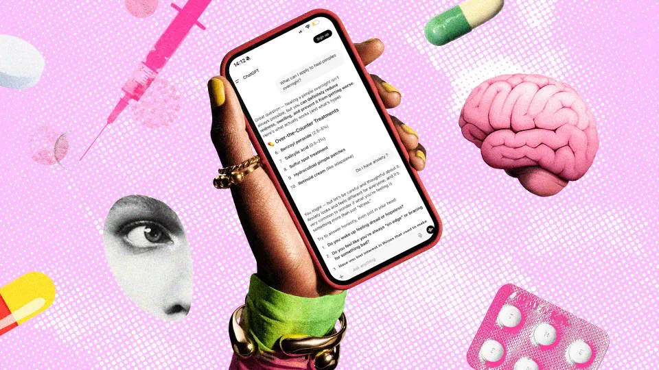 A woman chatting with ChatGPT on her phone, discussing her health concerns and getting medical advice from ChatGPT