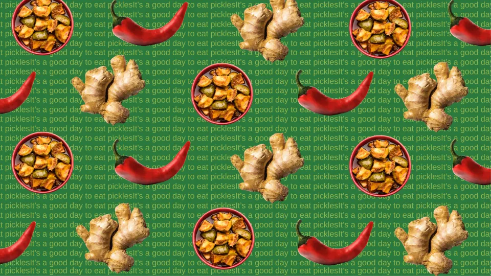 A collage of red chillies, garlic and a condiment against a green backdrop to depict how Indian condiments are a part of the culture whether it's traditional Indian condiments like achaar or podi or fermented Indian condiments