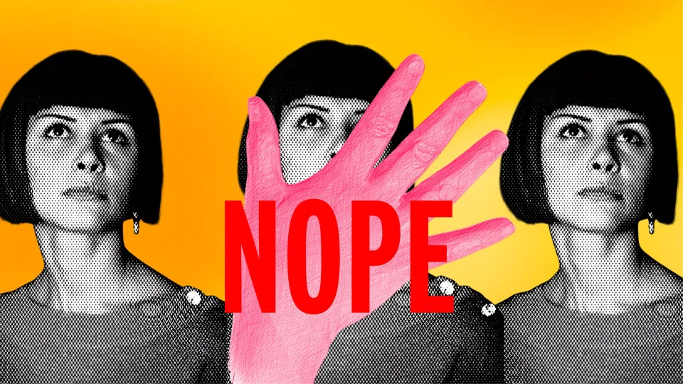 A collage of three women with a hand and 'nope' pasted at the centre