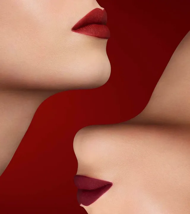 A collage of two faces' cutouts with a red creamy matte lipstick