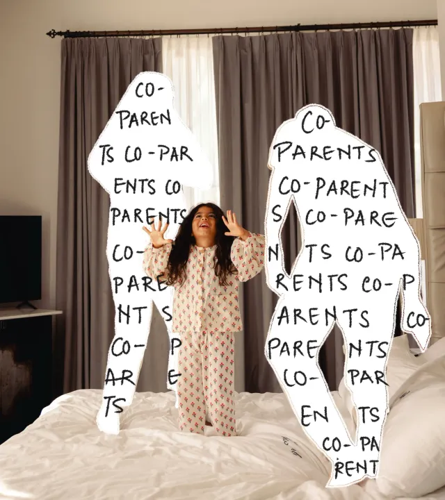 A picture of cutouts of parents with their daughter, reflecting co-parenting