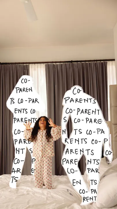 A collage of a child and her co-parents at home
