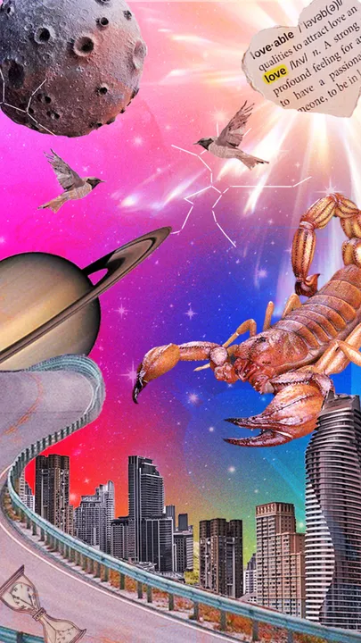 A compilation of images like a couple looking ahead, money, a car going down a road, a unicorn atop a cloud and a planet to depict astrology, working as a visual cue for November  2025 predictions and monthly horoscope for November