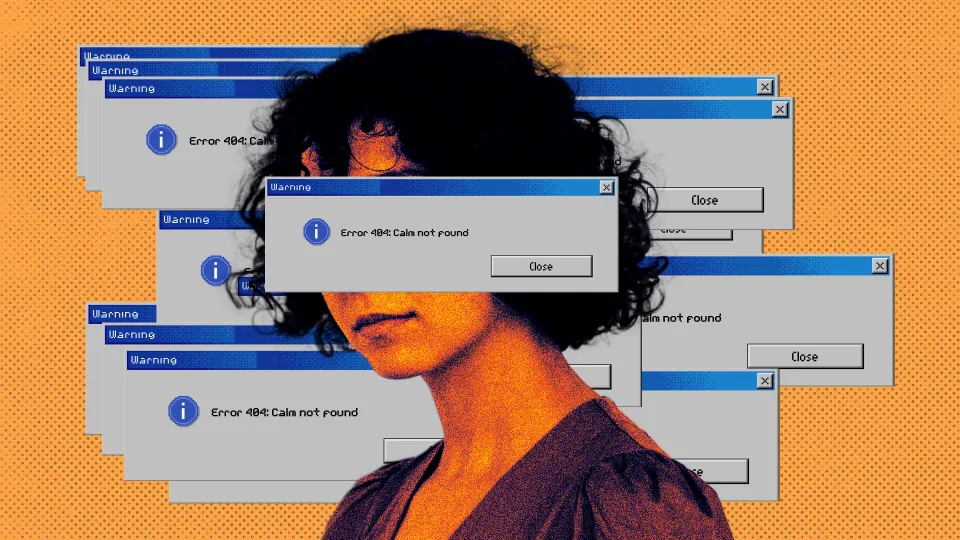 A graphical image of a woman and her errors popping due to her Type-A personality