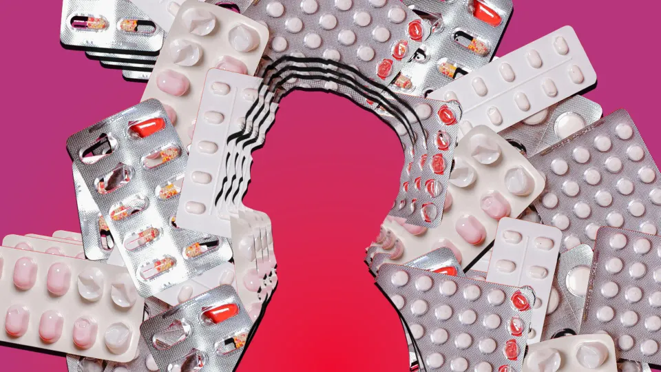 A collage of several packet of pills around a cutout of a man, indicating the state of Gen Z mental health in India
