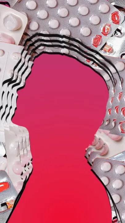 Silhouette surrounded by overlapping pill strips symbolising Gen Z’s rising dependence on psychiatric medication.