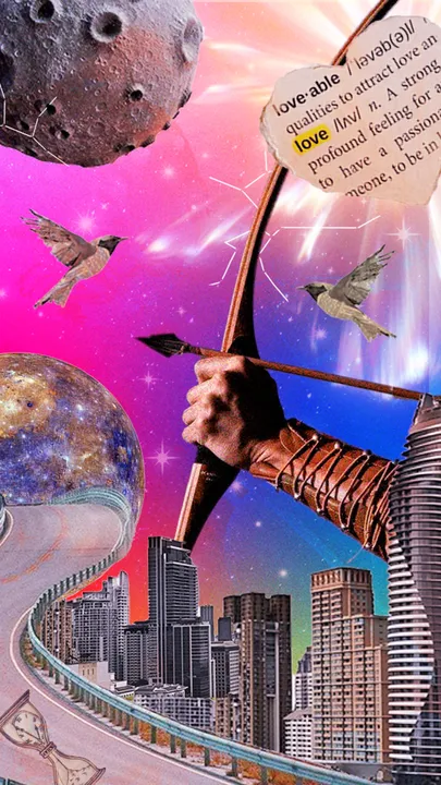 A compilation of images like a couple looking ahead, money, a car going down a road, a unicorn atop a cloud and a planet to depict astrology, working as a visual cue for December 2025 predictions and monthly horoscope for December